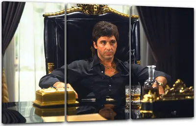 Produktbild von Leinwandbild 3-teilig (120x80cm): Scarface Tony Montana auf Chef-Sessel aus Leder, Whisky auf Tisch, echter Holz-Keilrahmen inkl. Aufhänger, handgefertigt in Deutschland