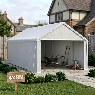 Produktbild von UISEBRT 4MX8M Grau Carport mit Stahlrohrgestell, PE-Dach abnehmbare Seitenwände, inkl. Windseile & Erdspießen für PKW, Motorräder und Gartengeräte