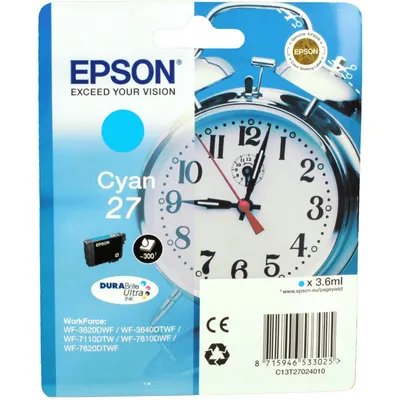 Produktbild von Epson Alarm clock Singlepack Cyan 27 DURABrite Ultra Ink, Standardertrag, Cyan, 3,6 ml, 1 Stück(e), 300 Seiten, Einzelpackung