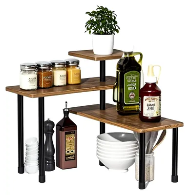 Produktbild von 3-stufiges Eckregal aus Holz für die Küche, verstellbarer Küchenorganizer für Gewürze, Kaffee und Bad, Küchenaufbewahrung für die Arbeitsplatte, Tischregal, stehendes Eckregal