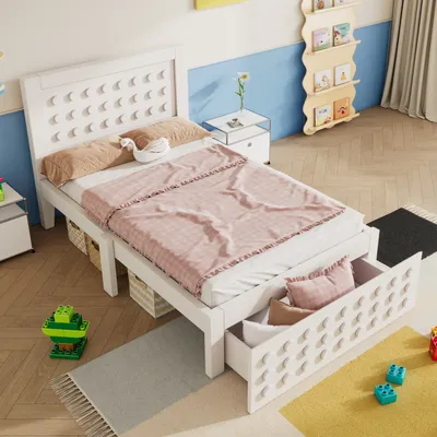 Produktbild von MODFU Kinderbett 90x200,Bettgestell mit Lattenrost,Holzbett mit Schubladen,Jugendbett mit Kreativem Block Design, Ohne Matratze,Weiß