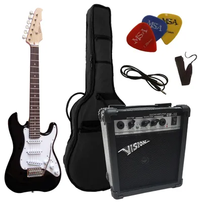 Produktbild von 4/4 Elektrogitarrenset - E-Gitarre schwarz Hochglanz 20 Watt Set - Tasche, Band, Saiten, 3xpik, Verstärker  20 Watt - e gitarren set