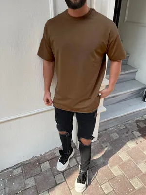 Produktbild von Oversize Herren Kurzarm T-Shirt Weiter Auschnitt Extra Lang Rundhals Herrenshirt L Braun