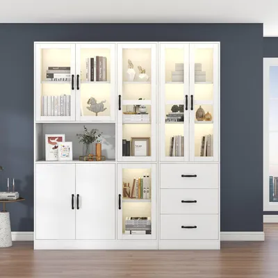 Obrázek produktu pro Skleněná vitrína, délka 180 cm, výška 200 cm, s LED osvětlením, 8 dvířky a 3 zásuvkami, materiál: dřevotříska a sklo, napájení přes USB, barva: bílá