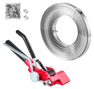 Immagine prodotto di Set di 3 pezzi per l'imballaggio con fascette in acciaio, composto da un dispositivo manuale per l'imballaggio, 30,5 metri di nastro metallico, 100 graffette metalliche e un utensile per il taglio, ideale per l'imballaggio, il trasporto e lo stoccaggio in officina