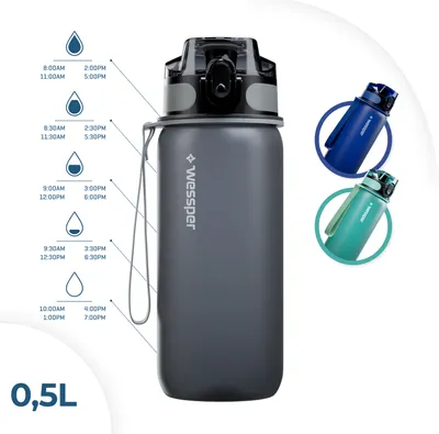 A gray water bottle with time markers and two smaller bottles in blue and teal in the background.
