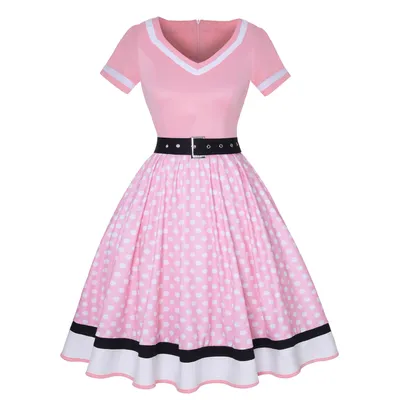 Obrázek produktu pro ASKSA Rockabilly šaty dámy 50. let Vintage krátký rukáv V-Neck Polka Dot Swing Coctail šaty svatební slavnostní kolena délka šaty (růžová,XXL)