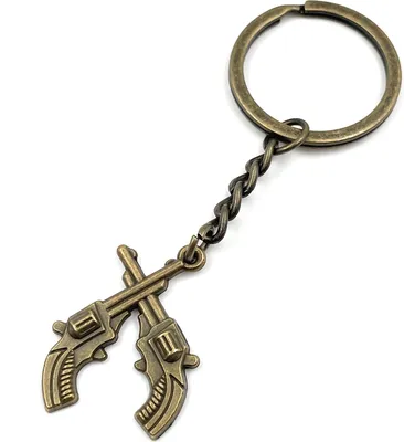 Produktbild von Onwomania Revolver über Kreuz Schlüsselanhänger Metall Glücksbringer in Alu Geschenkbox, ideal zum Verschenken