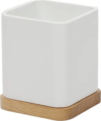 Produktbild von 5five Simply Smart | Zahnputzbecher - Natureo - Weiß - Modernes Design - Mit Holzunterlage
