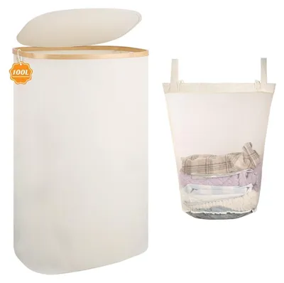 Produktbild von Wäschekorb 100L mit Deckel, faltbar, Polyester, Beige
