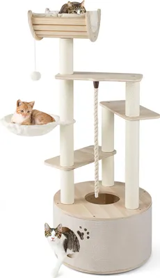 A multi-level cat tree with platforms, a hammock, a scratching rope, and a hideaway.