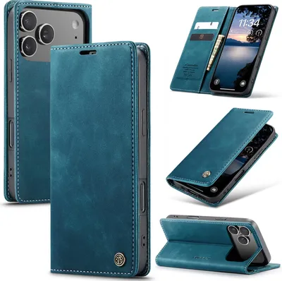 Obrázek produktu pro Pouzdro pro iPhone 17 Pro, RetroPolyuretanKožené Pouzdro s Funkcí Stojánku modrý