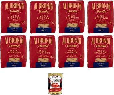 Produktbild von Al Bronzo Pasta Mezzi Rigatoni Bronze Gezogene Pasta Rohe Verarbeitungsmethode 8x 500gr + Italian Gourmet polpa 400g