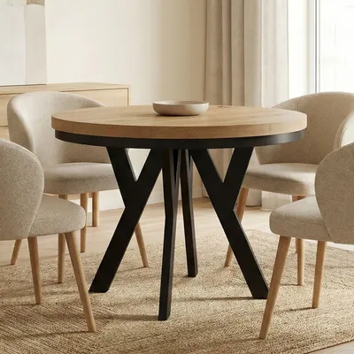 Image de Table ronde à rallonges pour la salle à manger, PERO avec un piétement en anneau, style loft, scandinave, diamètre : 100/150 cm, couleur : chêne Artisan/Noir