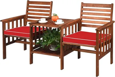 Produktbild von Gartensitz für 2 Personen aus Akazienholz mit Tisch, 3-teiliges Tisch- und Stuhl-Set mit Kissen und 5,3 cm großem Regenschirmloch, Sitzgruppe