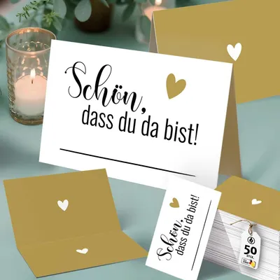 Produktbild von 50 Tischkarten Schön dass du da bist, Hochzeit Beige Gold Eleganz