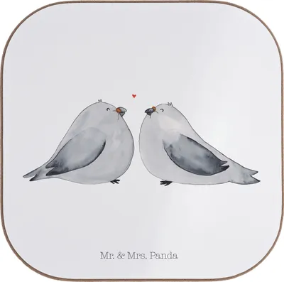 Produktbild von Mr. & Mrs. Panda unterleger Tauben Liebe - Weiß - Geschenk, grill untersetzer, Hochzeitskarte, Paar, Gläser, Taube, Freundin, Holzuntersetzer, Hochzeit, Paargeschenk, für