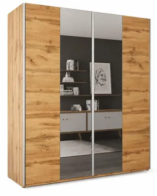 Produktbild von Schwebetürenschrank PRAGA 200 cm – Kleiderschrank modern, großer Schlafzimmer Schrank mit Schiebetüren (Eiche Wotan)