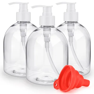 Produktbild von Seifenspender aus Kunststoff, leere 500-ml-Pumpflasche, nachfüllbare Shampooflaschen mit Silikontrichter und Etiketten, Lotionspender, leere Flaschen für Küche und Bad, Flüssigseife, Shampoo, Spülung, Duschgel