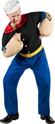 A man dressed as Popeye the sailor, holding a pipe and flexing his bicep.
