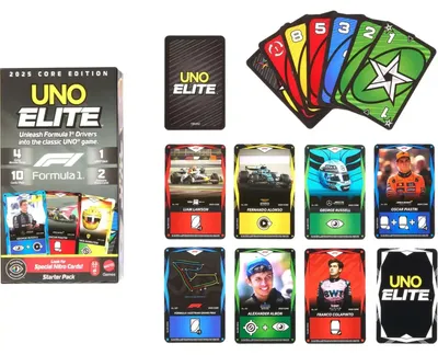 Produktbild von Mattel Games UNO Elite Formel 1 2025 Core Edition Kartenspiel-Starterset mit 4 Erweiterungssets und 2 Promo-Karten, Kartenspiel, Abwurf, 7 Jahr(e)