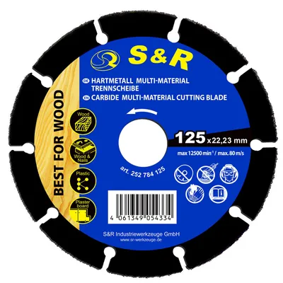 Image de Disque de coupe en carbure de tungstène S&R Karbid, 125 x 22,23 mm, pour une utilisation sur divers matériaux, notamment le bois, le bois avec clous, le plastique et le plâtre. Durée de vie particulièrement longue, pour meuleuses d'angle – taille 125 mm