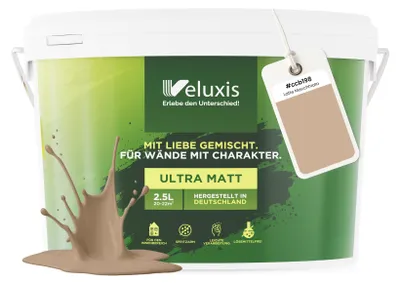 Produktbild von Wandfarbe Beige Braun Creme Matt Innenfarbe – Deckkraft Klasse 1, VOC-frei, Ohne Grundierung, Tropfarm – Wohnzimmer & Schlafzimmer – 2,5L – Veluxis (Latte Macchiato)