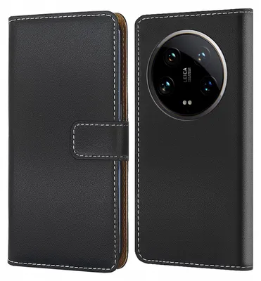 A black leather flip case for a smartphone, shown open and closed.