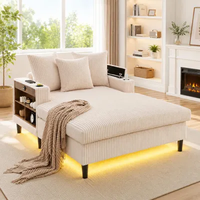Productafbeelding van Multifunctionele loungestoel met chaise longue, voorzien van een groot ligvlak, bekerhouders aan beide zijden, LED-verlichting, een zijvak, opbergruimte en een USB-oplaadpoort, AI-gegenereerde afbeelding