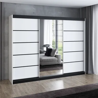 Produktbild von Schwebetürenschrank 200 cm, 3-türig, mit Spiegel & 4 Schubladen, Retro-Stil, modern, in Weiß/Schwarz/Sonoma – Kleiderschrank VILUNO 4