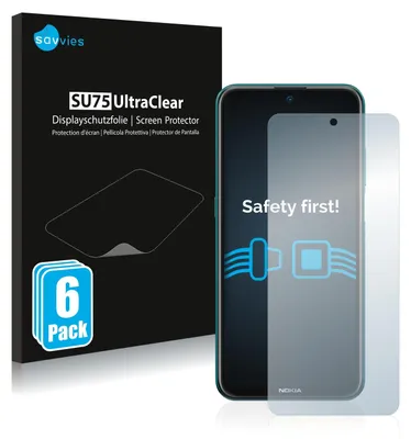 A product packaging and a smartphone screen protector are shown.