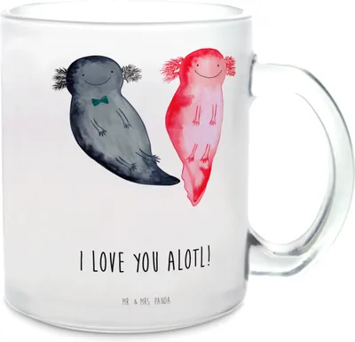 Produktbild von Mr. & Mrs. Panda Teetasse Glas Axolotl Liebe - Transparent - Geschenk, für Freundin, Häferl, Valentinstag, Hochzeitstag, Frauen, Trinkglas, Pott, Teeglas, Freund