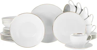 A set of white porcelain dishes and cups with gold trim, arranged on a white background.