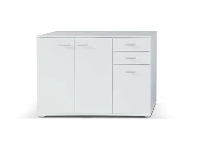 Produktbild von Kommode MIREN I Weiß – Sideboard mit 3 Türen und 2 Schubladen – Moderner Wohnzimmerschrank für Wohnzimmer, Esszimmer, Flur und Büro