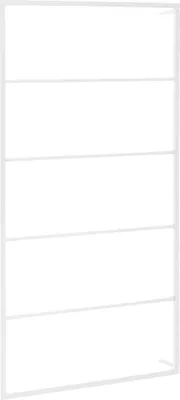 A white towel rack with five shelves against a white background.