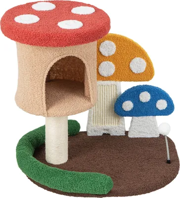 Produktbild von GOPLUS Pilz Kratzbaum, Katzenbaum Indoor mit Katzenhöhle/Plattformen & Kratzbretter & Spielbällen, Kätzchen-Aktivitätszentrum Kletterbaum aus Holz und Teddystoff, für Zuhause (60 x 49 x 59 cm)