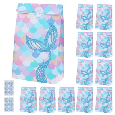 Productafbeelding van Set van 12 papier geschenktassen met zeevrouwenthema en 12 stickers