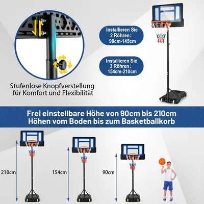Produktbild von Basketballständer 90/158-210 cm höhenverstellbar Basketballkorb mit Ständer wetterbeständig Indoor Outdoor Blau