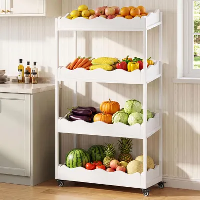 Productafbeelding van Vierlaags fruit- en groenterek met vergrendelbare wielen | 140 cm hoog, mobiele snackmandhouder, houten opbergrek voor de keuken, wit