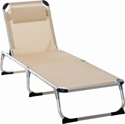 Image de Chaise longue Fortuna Lai en aluminium, 4 positions réglables, pliable, ergonomique, tissu maillé beige, 170 x 60 x 76 cm, pour jardin et terrasse