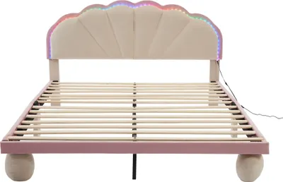 Produktbild von Polsterbett 140x200cm Kinderbett (Ohne Matratze) Doppelbett Holzbett Mit Lichtstreifen Wellenschliff Mit gepolsterter runden Beine Samt Beige und Rosa