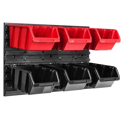 Image de Panneau à outils mural 57,6 x 39 cm avec 6 pcs. Boîtes suspendues rouges et noires Boîtes empilables