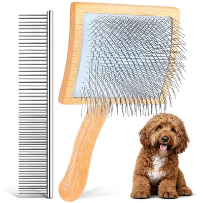 Image de Brosse pour chiens, grande brosse à poils longs avec manche en bois, lot de 2, pour chiens à poil long