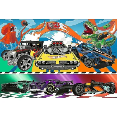 A collage of Hot Wheels cars with cartoon monsters and race tracks.