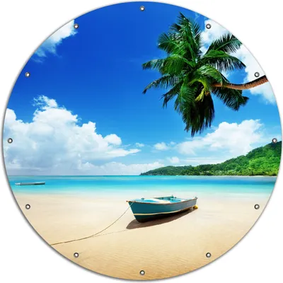 Produktbild von Wallario rundes Outdoor-Poster für Garten oder Balkon, Motiv Urlaub am Palmenstrand unter Palmen mit Fischerboot, 120 cm Durchmesser