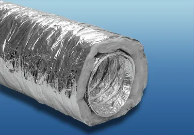 A close-up, angled view of a section of insulated flexible ducting against a blue gradient background.