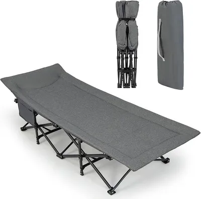Imagen del producto de Cama plegable para camping, con almohada integrada, con bolsillo lateral y bolsa de transporte. Cama para camping resistente hasta 200 kg, apta para uso en interiores y exteriores, con dimensiones de 190 x 69 x 48,5 cm