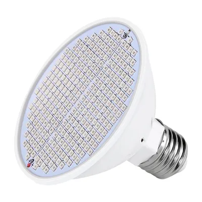 A close-up, studio shot of an LED grow light bulb against a white background.