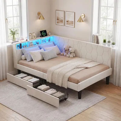 Imagen del producto de Cama tapizada de 90x200 cm en color beige, con cajones de almacenamiento, estructura de terciopelo con sistema LED, puerto USB, cama doble acolchada con somier, ideal para dormitorios juveniles, Imagen generada por IA