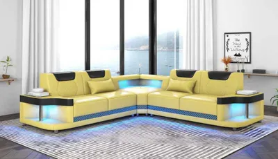 Zdjęcie produktu dla Żółta Kanapa Sofa Narożna Skórzana W Kształcie Litery L Nowoczesny Narożnik LED